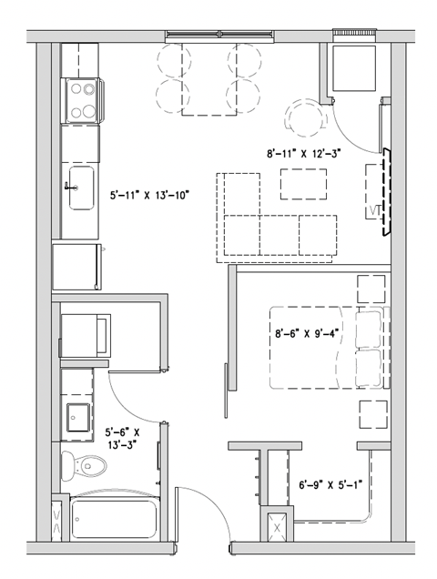 Floor plan for 1 bed, 1 bath, 561 sqft
